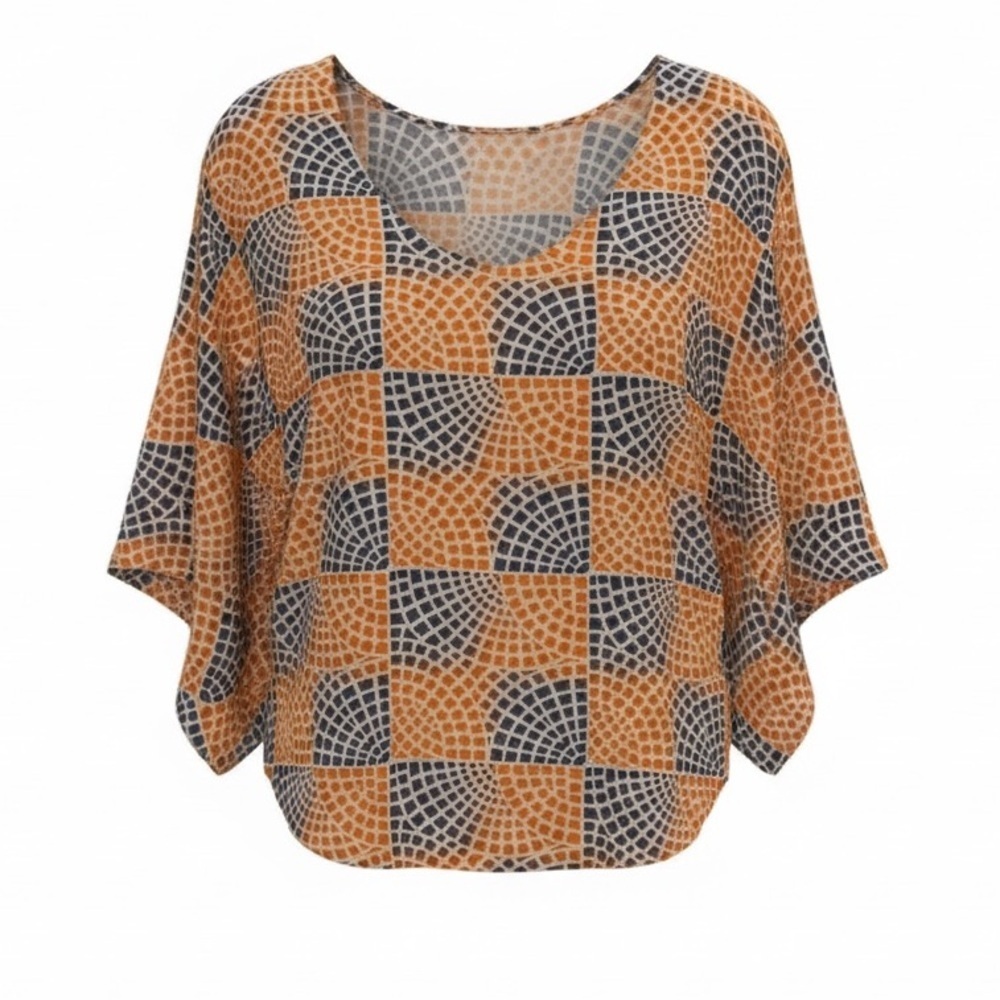 Tolani orange/blue geo print silk top, small